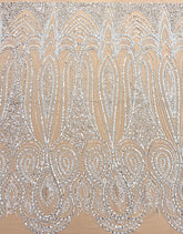 Dantela Couture Argintie pe Tulle Nude cu Model Geometric, cu Perle, Margele si Paiete