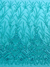 Dantela Couture Turcoaz cu Model Geometric, cu Margele si Paiete
