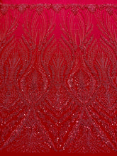 Dantela Couture Rosie cu Model Geometric, cu Perle, Margele si Paiete