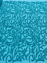 Dantela Couture Turcoaz cu Model Geometric, cu Margele si Paiete