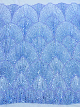 Dantela Couture Sky Blue cu Model Geometric, cu Perle, Margele si Paiete