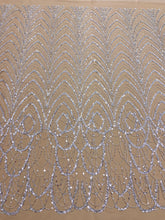 Dantela Couture Argintie cu Tulle Nude cu Model Geometric cu Margele si Paiete