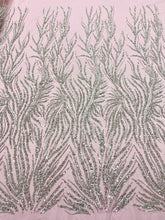 Dantela Couture Argintie cu Tulle Roz cu Siraguri, cu Margele si Paiete