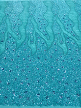 Dantela Couture Turcoaz cu Model Geometric si Flori, cu Margele si Paiete