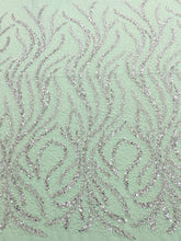 Dantela Couture Argintie pe Tulle Verde Menta cu Perle, Margele si Paiete