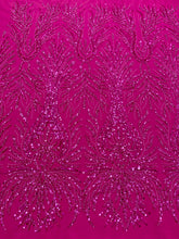 Dantela Couture Fucsia cu Model Geometric, cu Margele si Paiete