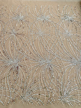 Dantela Couture Argintie cu Tulle Nude cu Model Geometric, cu Perle, Margele si Paiete