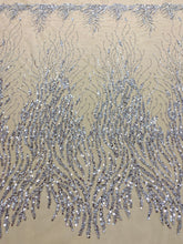 Dantela Couture Argintie cu Siraguri, cu Margele si Paiete