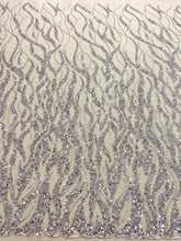 Dantela Couture Argintie cu Siraguri, cu Margele si Paiete