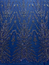 Dantela Couture Bleumarin cu Model Simetric, cu Margele si Paiete