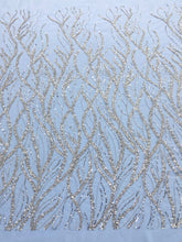 Dantela Couture Argintie cu Tulle Baby Blue cu Siraguri, Cu Margele Si Paiete