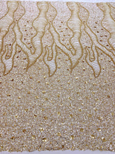 Dantela Couture Aurie cu Model Geometric si Flori, cu Margele si Paiete