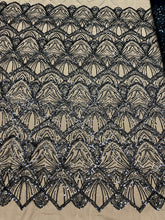 Dantela Couture Neagra cu Model Geometric, cu Perle si Margele