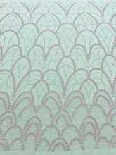 Dantela Couture Argintie pe Tulle Verde Menta cu Model Geometric, cu Perle, Margele si Paiete