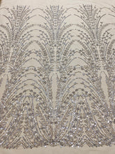 Dantela Argintie cu Tulle Nude cu Model Geometric, cu Perle, Margele si Paiete