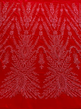 Dantela Couture Rosie cu Model Simetric, cu Margele si Paiete