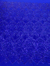 Dantela Couture Albastru Royal cu Model Geometric, cu Perle si Margele