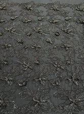 Dantela Couture 3D cu Flori Gri Antracit cu Margele si Paiete