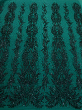 Dantela Couture Verde Inchis cu Model Simetric, cu Perle, Margele si Paiete