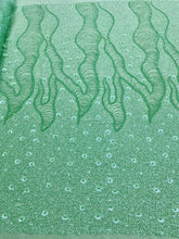 Dantela Couture Verde Menta cu Model Geometric si Flori, cu Margele si Paiete