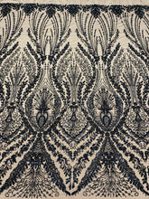 Dantela Couture Neagra cu Model Geometric, cu Perle, Margele si Paiete