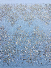 Dantela Couture Argintie cu Tulle Baby Blue cu Model Floral, Cu Margele Si Paiete