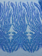 Dantela Couture Sky Blue cu Panou, cu Perle, Margele si Paiete