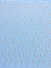 Dantela Couture Argintie pe Tulle Bleu cu Perle, Margele si Paiete