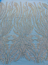 Dantela Couture Argintie pe Tulle Bleu cu Panou, cu Perle, Margele si Paiete