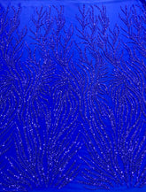 Dantela Couture Albastru Royal cu Siraguri, cu Margele si Paiete