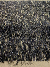 Dantela Couture Neagra cu Pene de Strut, cu Model Liniar, cu Margele si Paiete