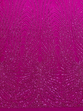 Dantela Couture Fucsia cu Panou, cu Perle, Margele si Paiete