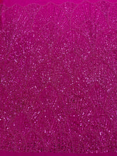 Dantela Couture Fucsia cu Model Geometric, cu Perle, Margele si Paiete