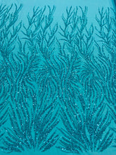 Dantela Couture Turcoaz cu Siraguri, cu Margele si Paiete