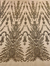 Dantela Couture Auriu Antic cu Model Simetric, cu Margele si Paiete