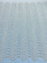 Dantela Couture Argintie pe Tulle Bleu cu Model Geometric, cu Perle, Margele si Paiete