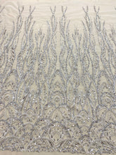 Dantela Couture Argintie cu Model Geometric, cu Margele si Paiete