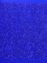 Dantela Couture Albastru Royal cu Model Geometric, Margele si Paiete