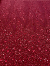 Dantela Couture Bordeaux cu Model Geometric si Flori, cu Margele si Paiete