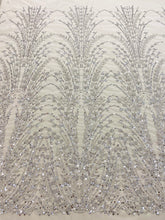 Dantela Argintie cu Model Geometric, cu Perle, Margele si Paiete