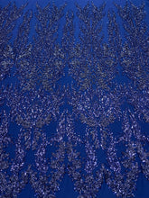 Dantela Bleumarin cu Model Geometric, cu Perle, Margele si Paiete