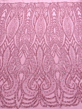 Dantela Couture Roz cu Model Geometric, cu Perle, Margele si Paiete