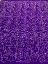 Dantela Couture Mov Inchis cu Model Geometric cu Margele si Paiete