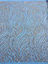 Dantela Couture Argintie cu Tulle Bleu cu Model Liniar, cu Margele si Paiete