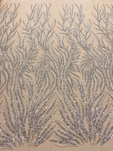 Dantela Couture Argintie cu Tulle Nude cu Siraguri, cu Margele si Paiete