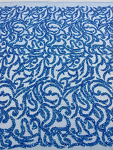 Dantela Couture Sky Blue cu Model Geometric, cu Margele si Paiete