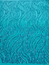 Dantela Couture Turcoaz cu Model Liniar, cu Margele si Paiete