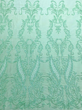 Dantela Couture Verde Menta cu Geometric, cu Margele si Paiete