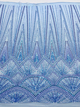 Dantela Couture Sky Blue cu Model Geometric, cu Perle, Margele si Paiete