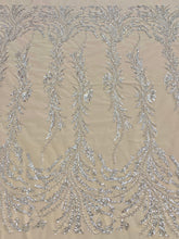 Dantela Couture Argintie cu Frunze, cu Margele si Paiete